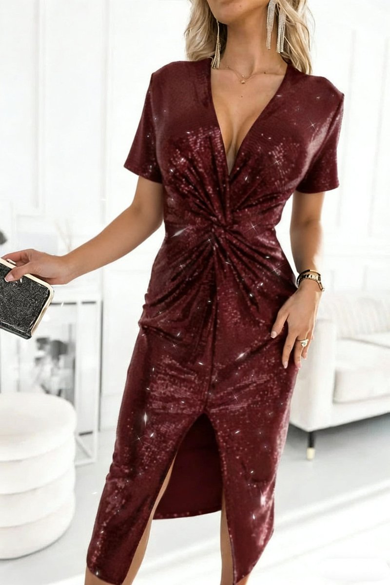 Women's Sequin V-Neck Twisted-Front Midi Cocktail Dress - Variant Style 17 | Lavisa