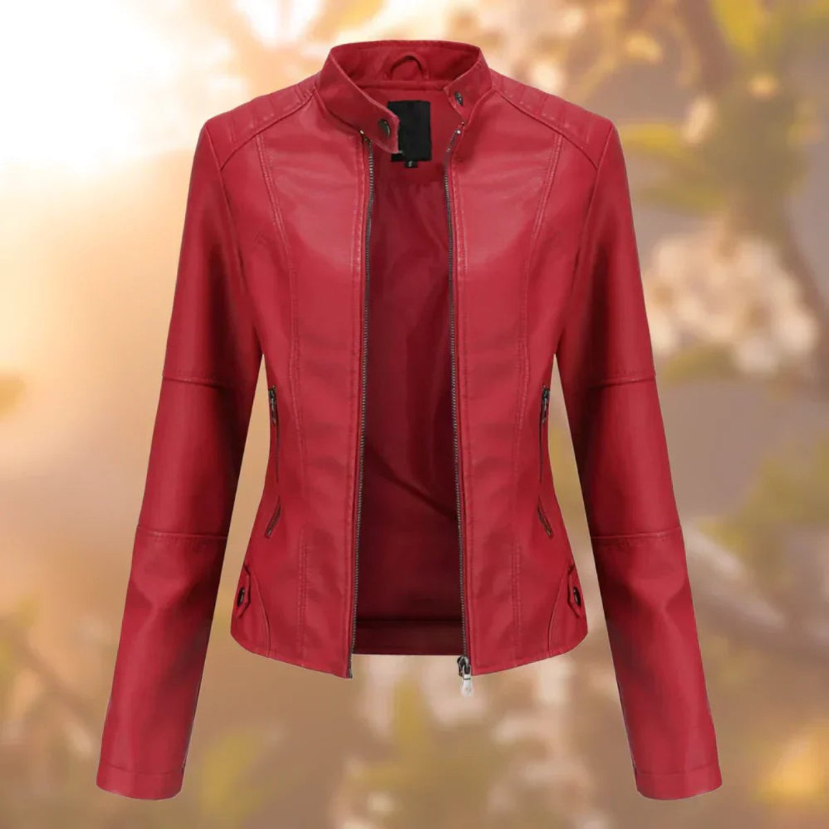 Women's Slim-Fit Zip-Up Faux Leather Jacket - Sole & Material View | Lavisa