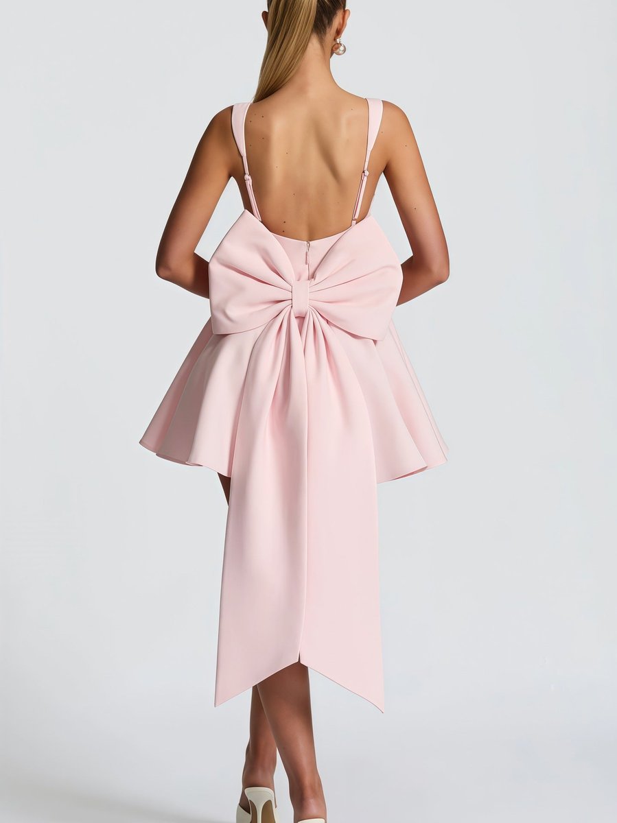 Women's Square-Neck Flared Mini Cocktail Dress Oversized Bow Back - Variant Style 9 | Lavisa