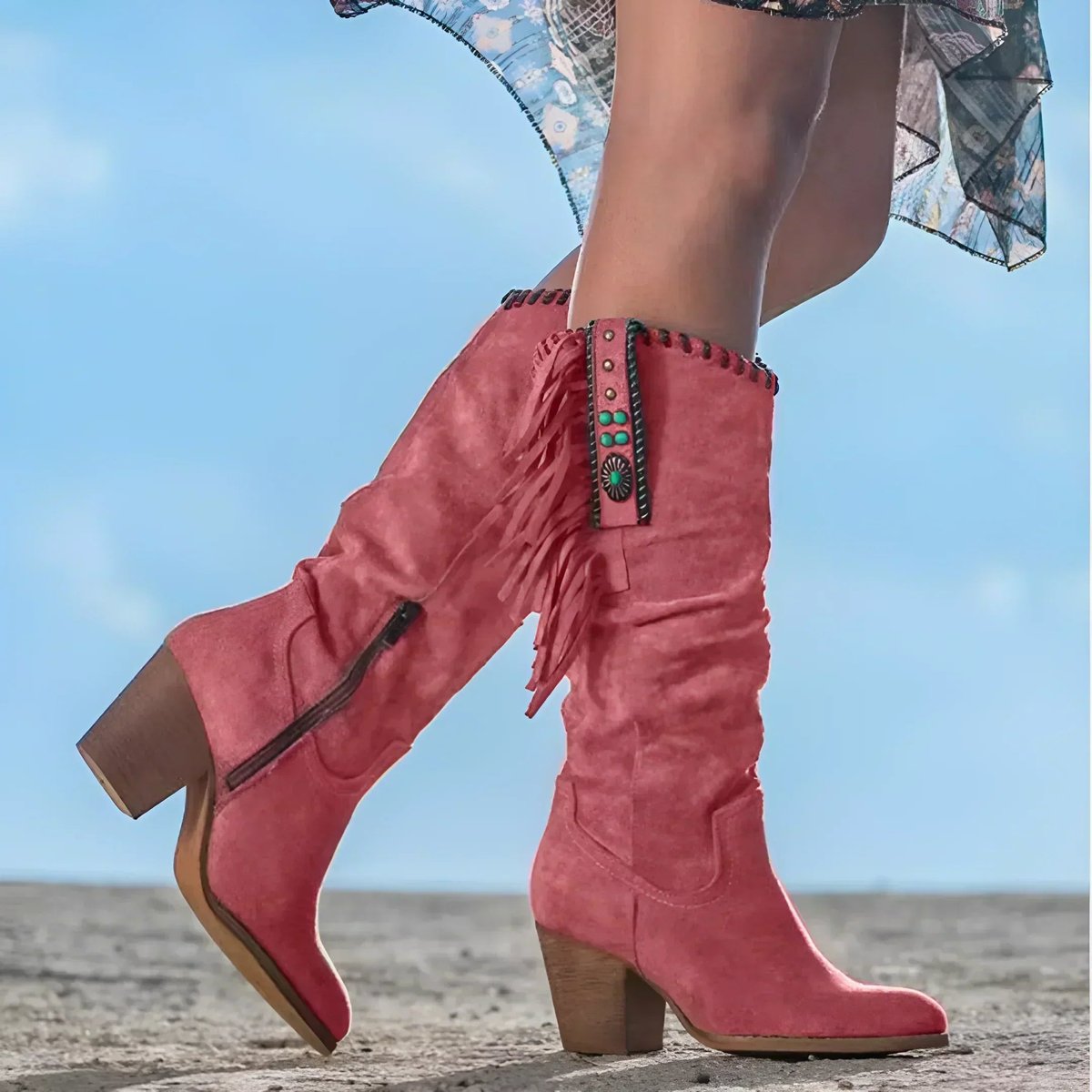 Women's Suede Fringe Western Knee High Boots Block Heel - Close-Up Texture & Detail | Lavisa