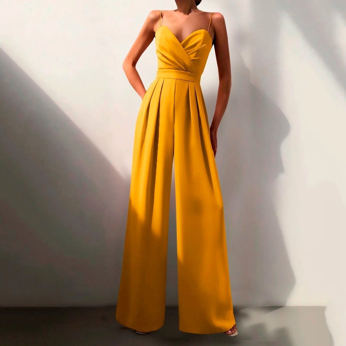 Women's Sweetheart Neck Spaghetti Strap Wide Leg Pants Jumpsuit - Lifestyle & Model Angle | Lavisa