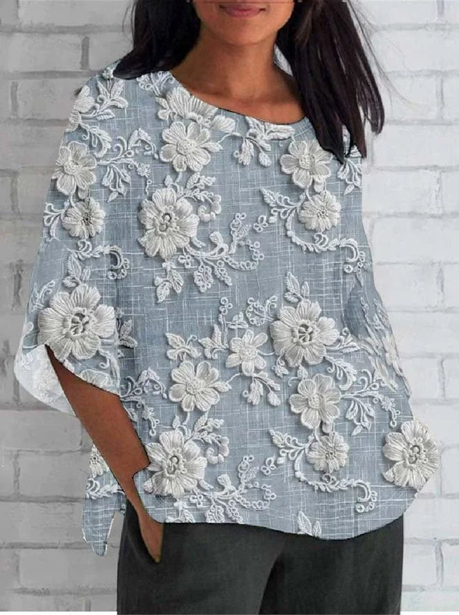 Women's Vintage Floral Embroidered Relaxed Three-Quarter Sleeve Blouse - Side Angle | Lavisa