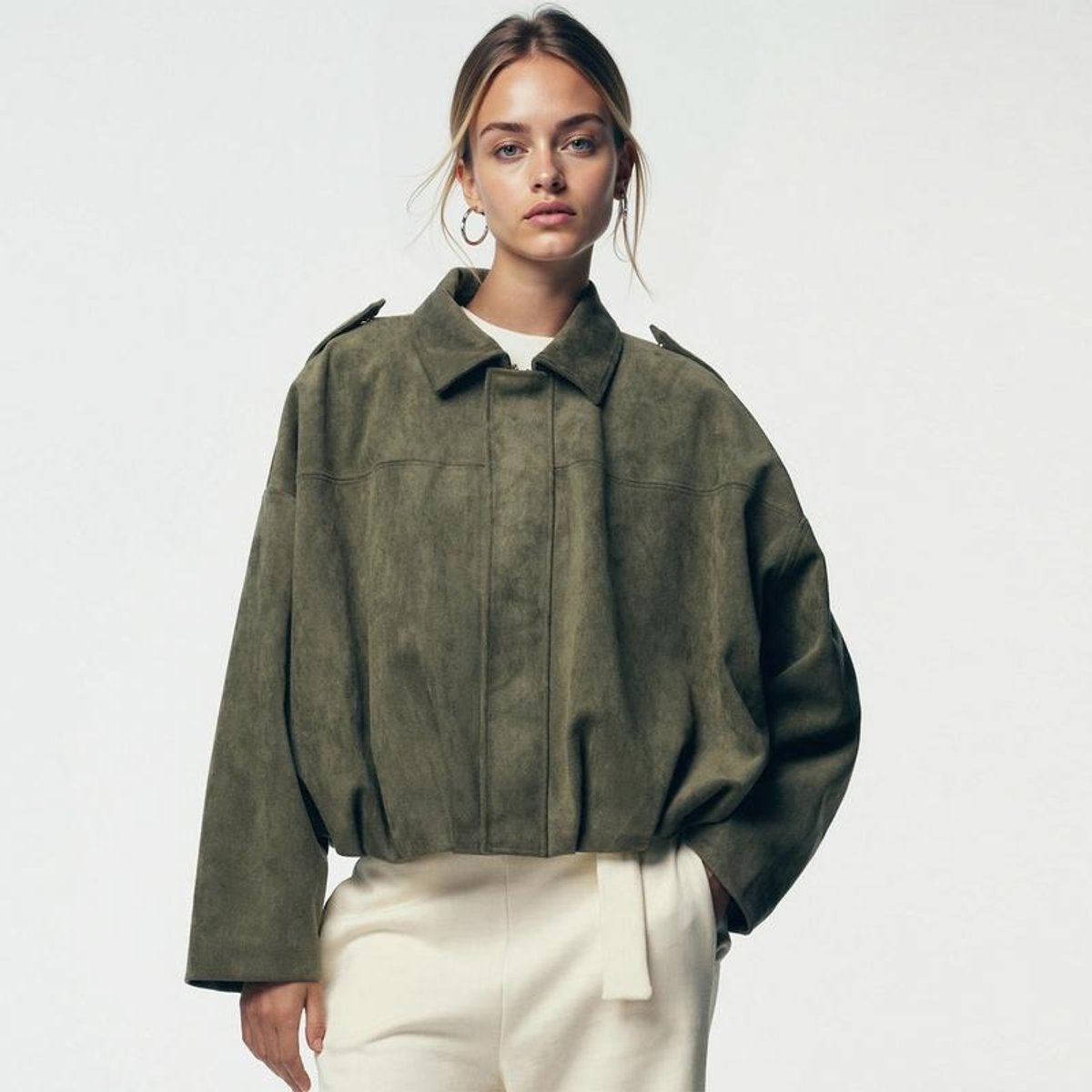 Women's Vintage-Inspired Faux Suede Oversized Bomber Jacket - Lifestyle & Model Angle | Lavisa
