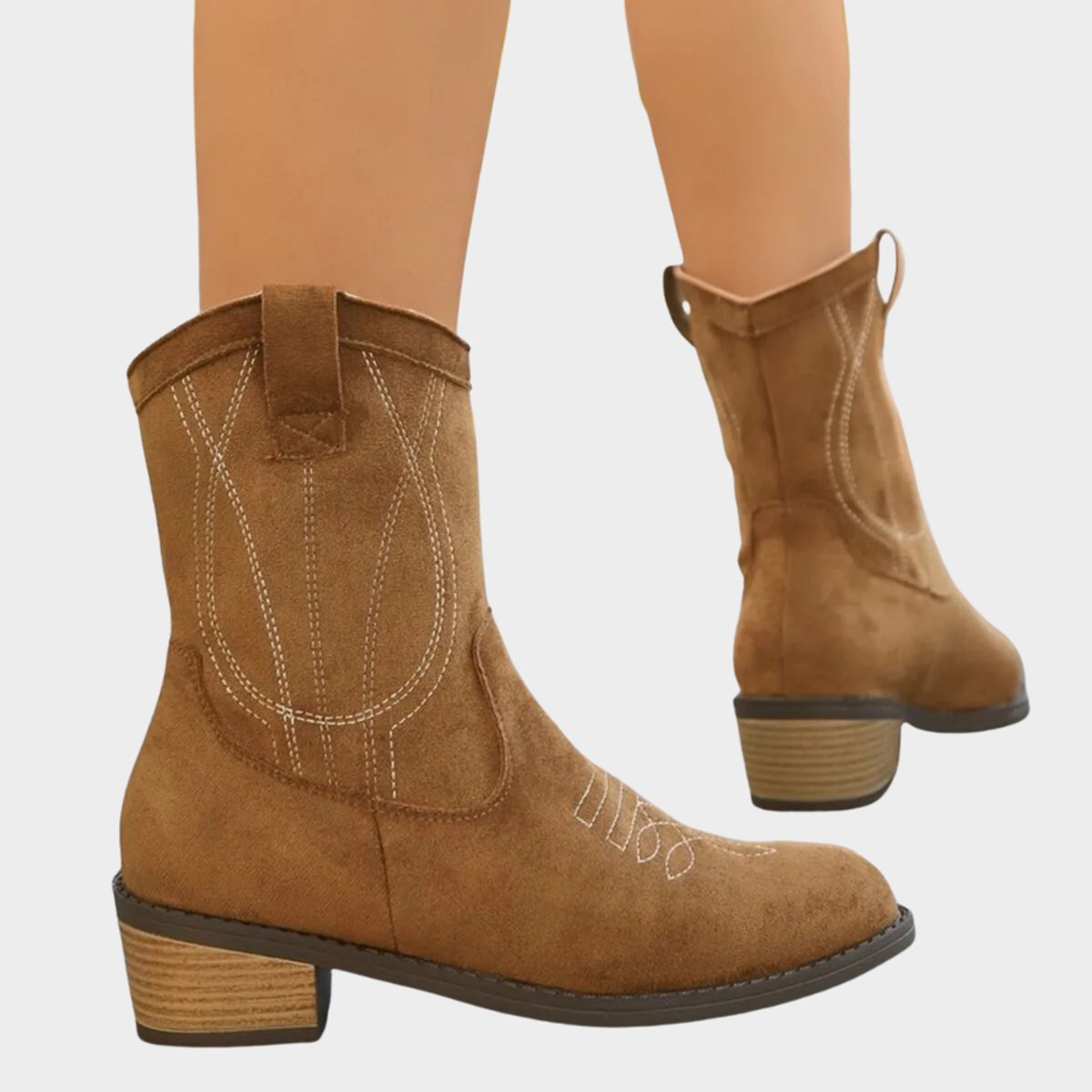 Women's Western-Stitch Suede Cowboy Ankle Boots - Lifestyle & Model Angle | Lavisa