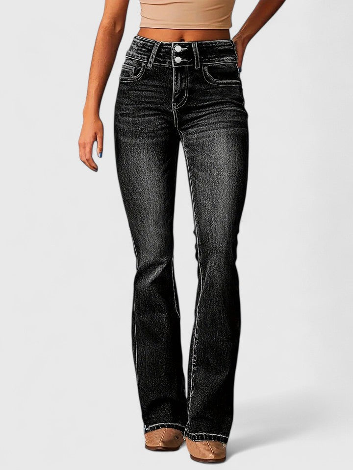 Lavisa - Flared High Waist Pants with Zipper Detail