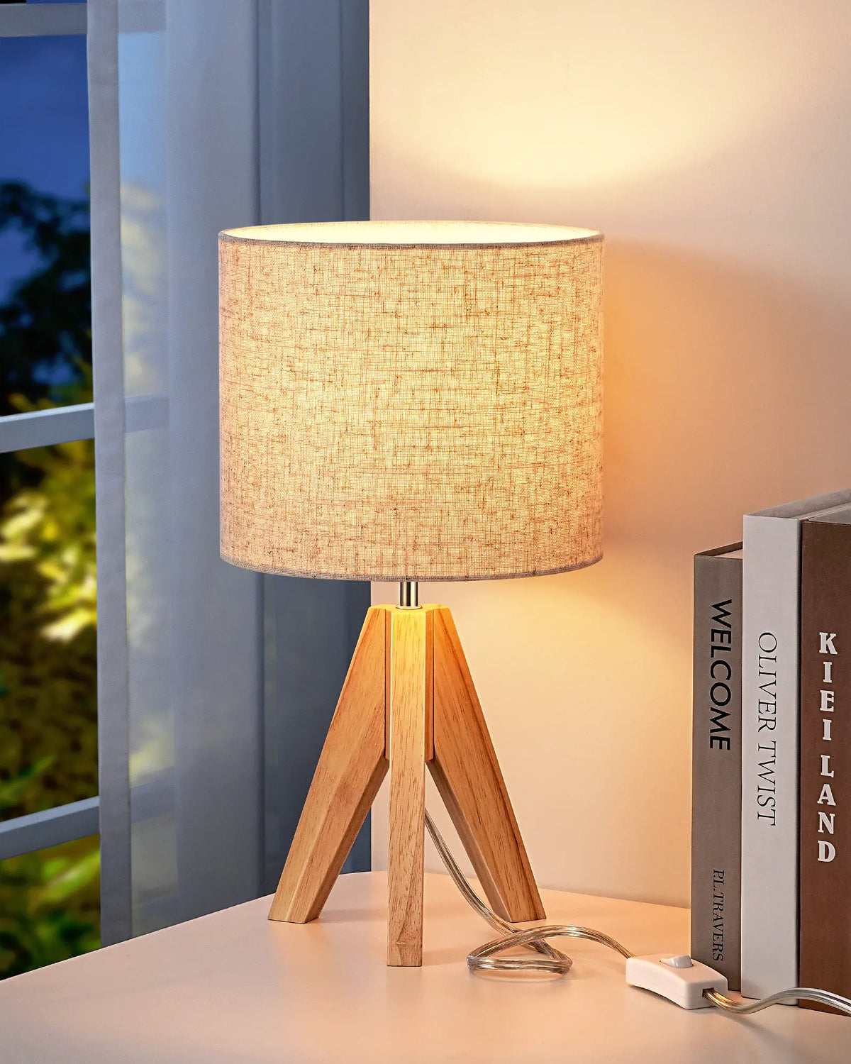 Lavisa - Modern Wooden Tripod Table Lamp with Linen Shade