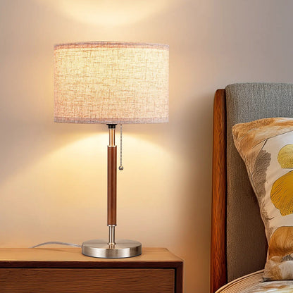 Lavisa - Satin Nickel and Wood Table Lamp with Beige Linen Shade