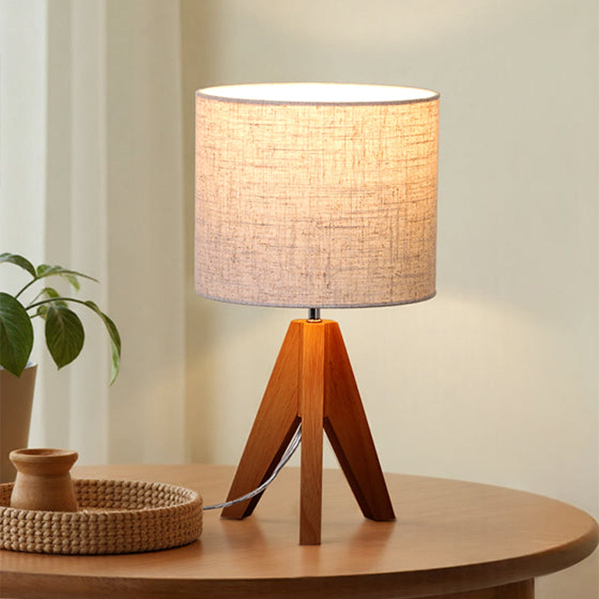 Lavisa - Modern Wooden Tripod Table Lamp with Linen Shade