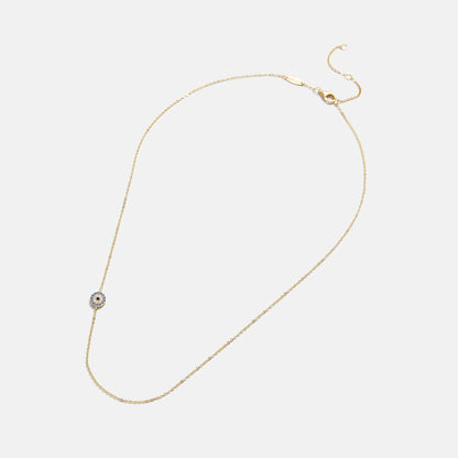 Lavisa - 18K Gold Asymmetrical Evil Eye Necklace - On-Model & Scale View