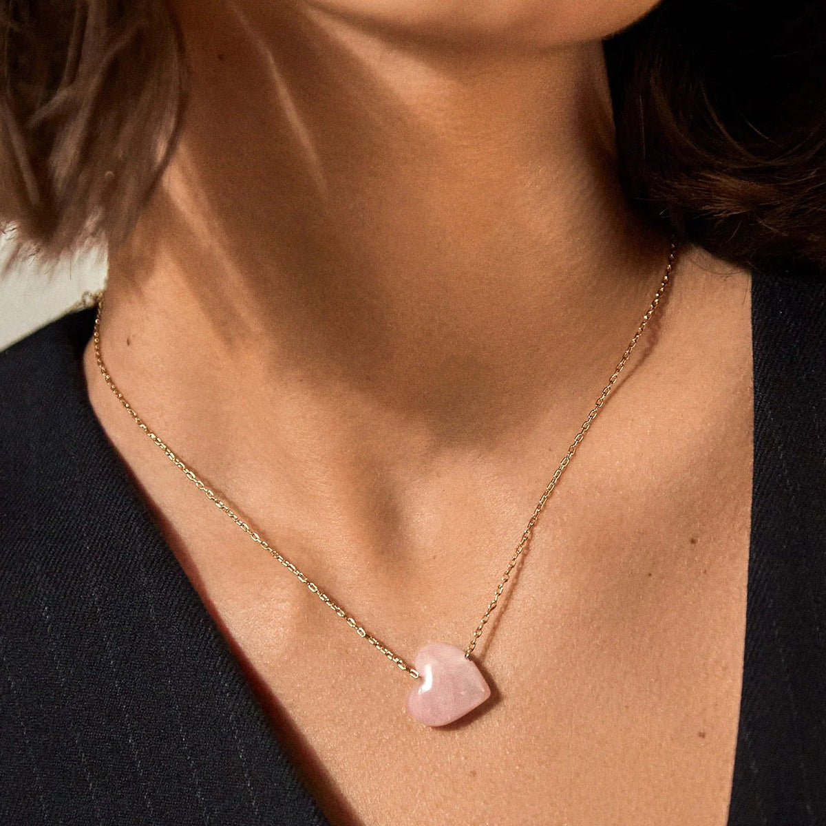 Lavisa - Rose Quartz Heart Stone Dainty Gold Necklace - Detail & Styling View