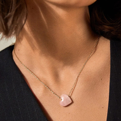 Lavisa - Rose Quartz Heart Stone Dainty Gold Necklace - Detail & Styling View