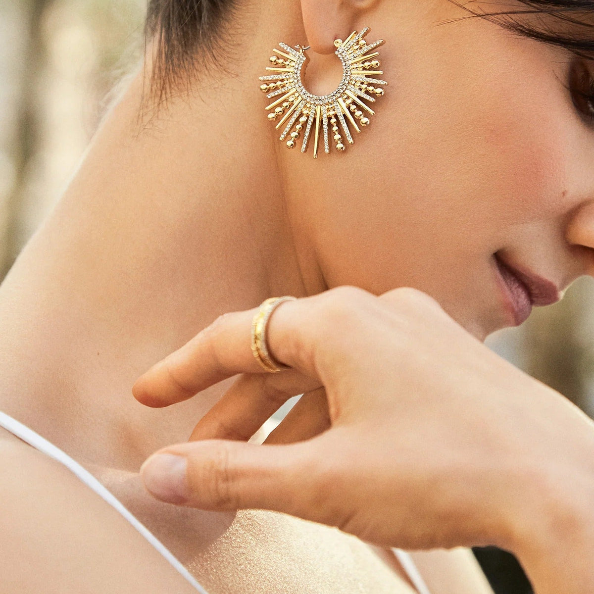 Lavisa - Sunburst Statement Hoops - Gold Pavé Textured Earrings - Detail & Styling View