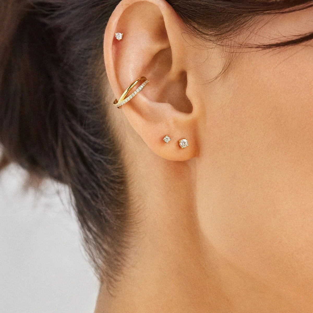 Lavisa - 14K Gold Crossover Ear Cuff - Detail & Styling View
