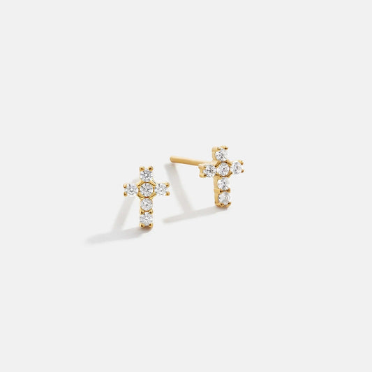 Lavisa 14K gold pavé cross earrings sparkling on display