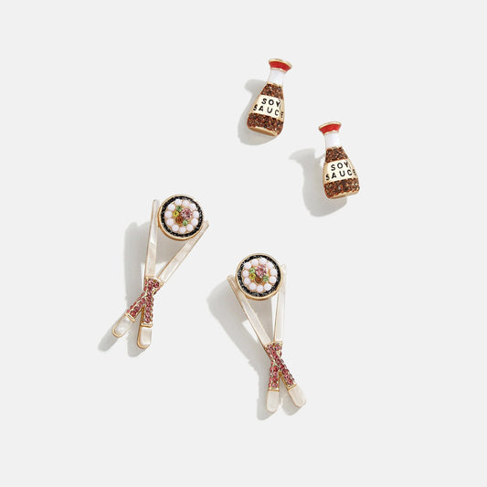 Lavisa Sushi and Soy Sauce Novelty Earring Set featuring colorful food designs