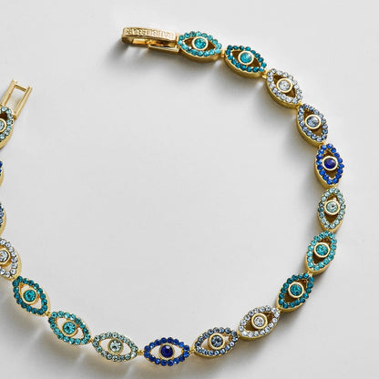 Lavisa - Gold Evil Eye Ombre Blue Tennis Bracelet - On-Model & Scale View