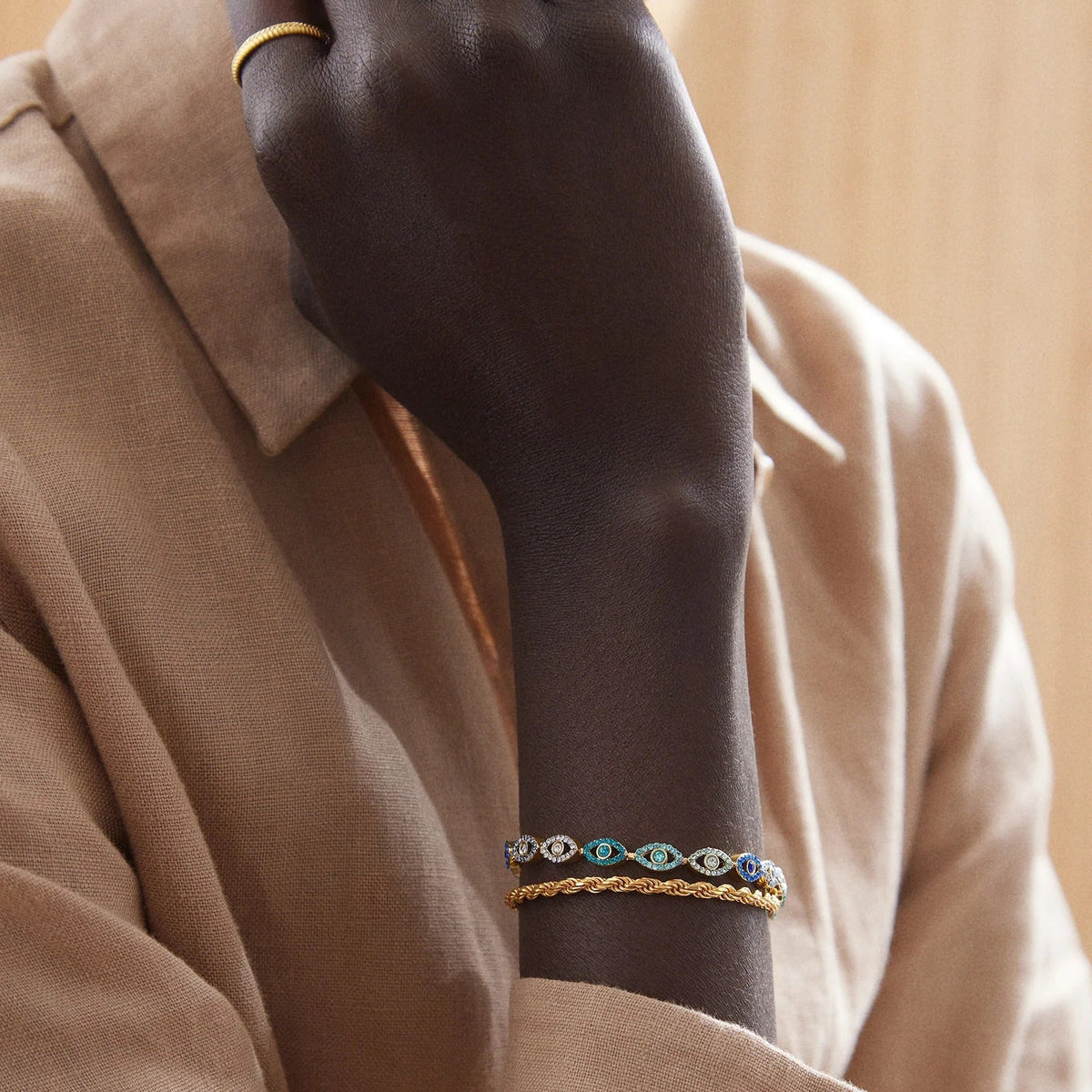 Lavisa - Gold Evil Eye Ombre Blue Tennis Bracelet - Detail & Styling View