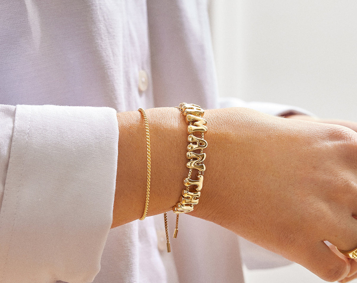 Lavisa - Personalized Bubble Letter Slider Bracelet - On-Model & Scale View