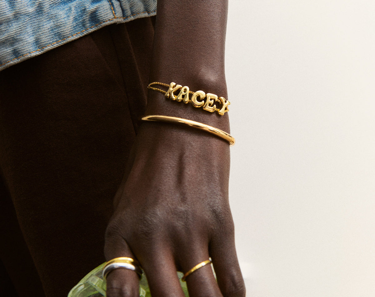 Lavisa - Personalized Bubble Letter Slider Bracelet - Detail & Styling View