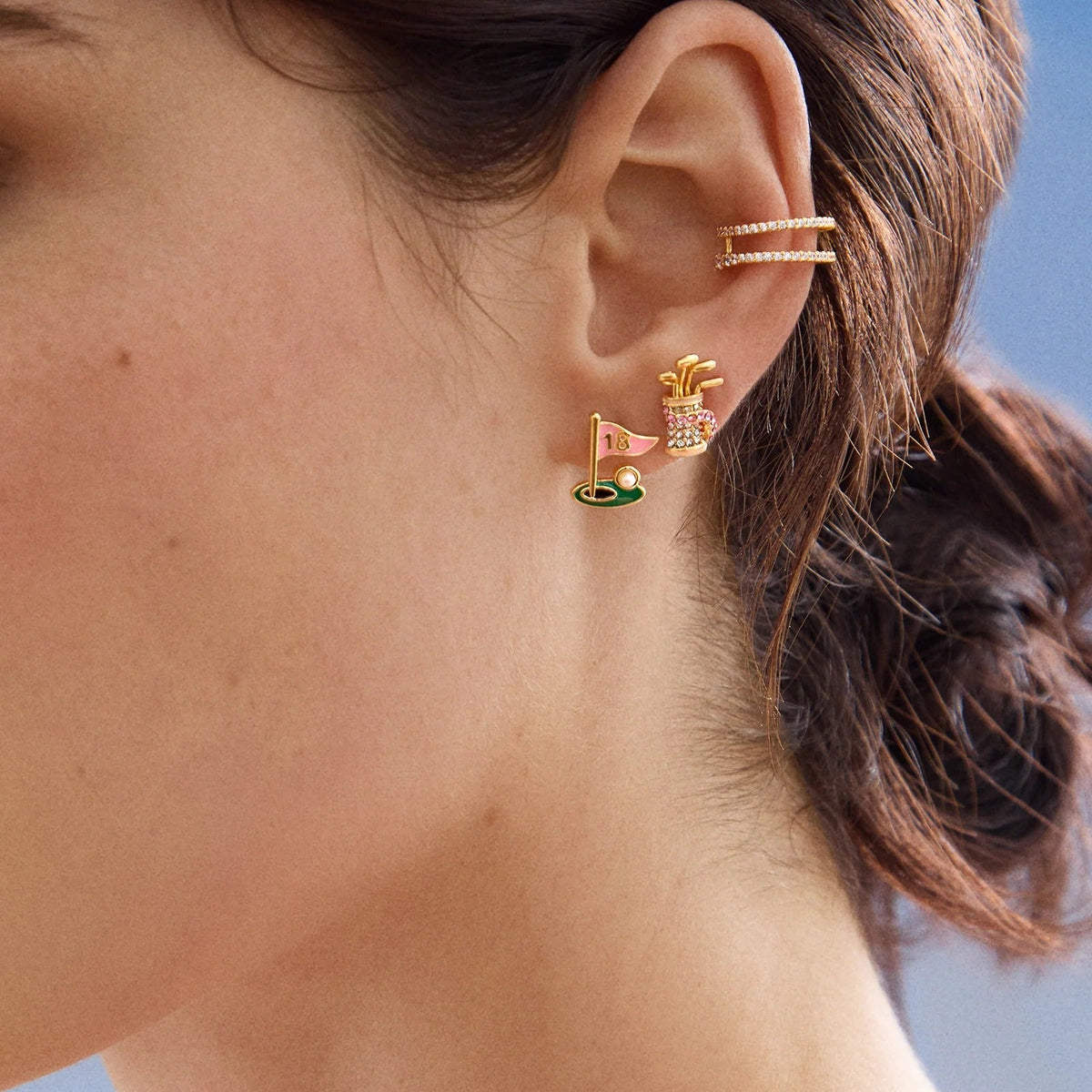 Lavisa - Golf Club & Flag Novelty Earring Set - Sports Jewelry - Detail & Styling View