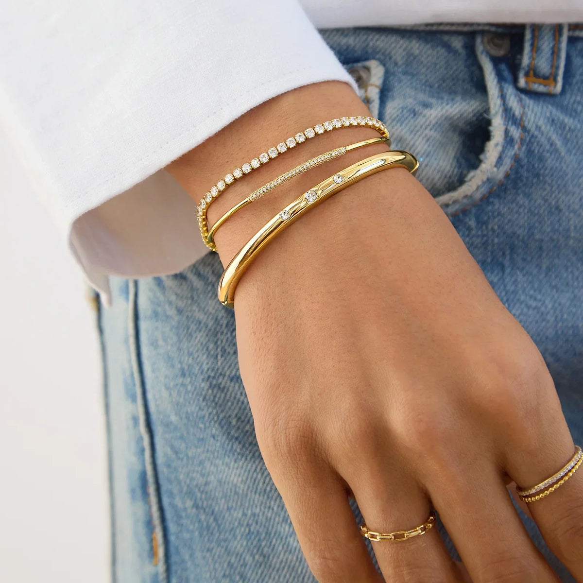 Lavisa - Classic Triple Bezel Hinge Bangle Bracelet - Detail & Styling View