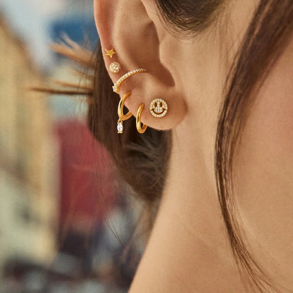 Lavisa - Pavé Smiley Face Gold Earrings - Detail & Styling View