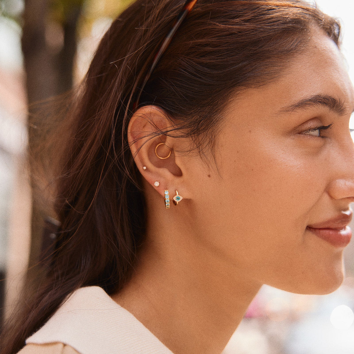 Lavisa - 18K Gold Birthstone Huggie Earrings - Detail & Styling View