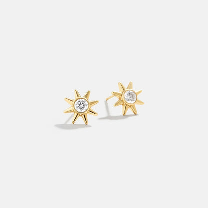 Lavisa 18K gold celestial sun delicate stud earrings on display