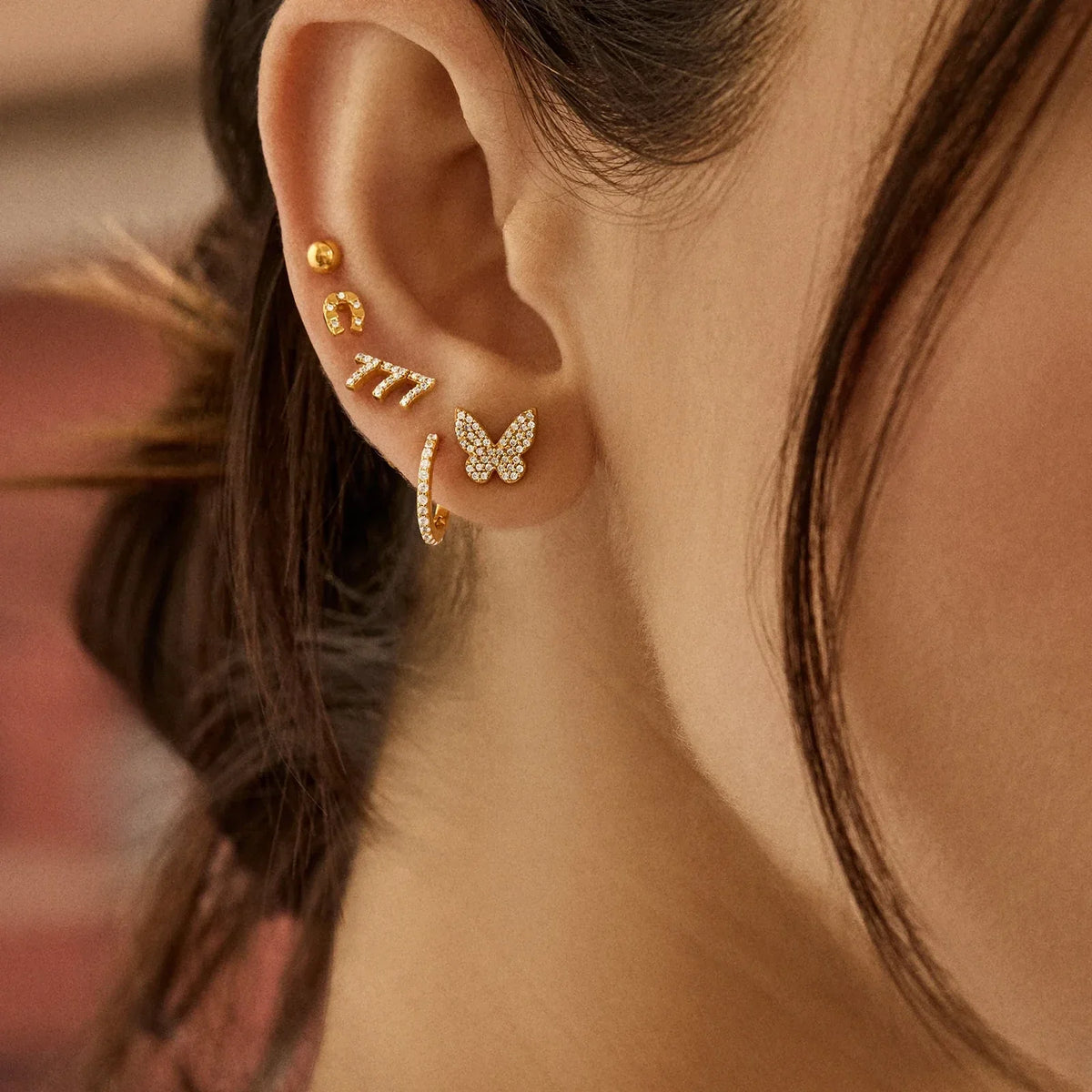 Lavisa - 18K Gold Pavé Butterfly Stud Earrings - Detail & Styling View