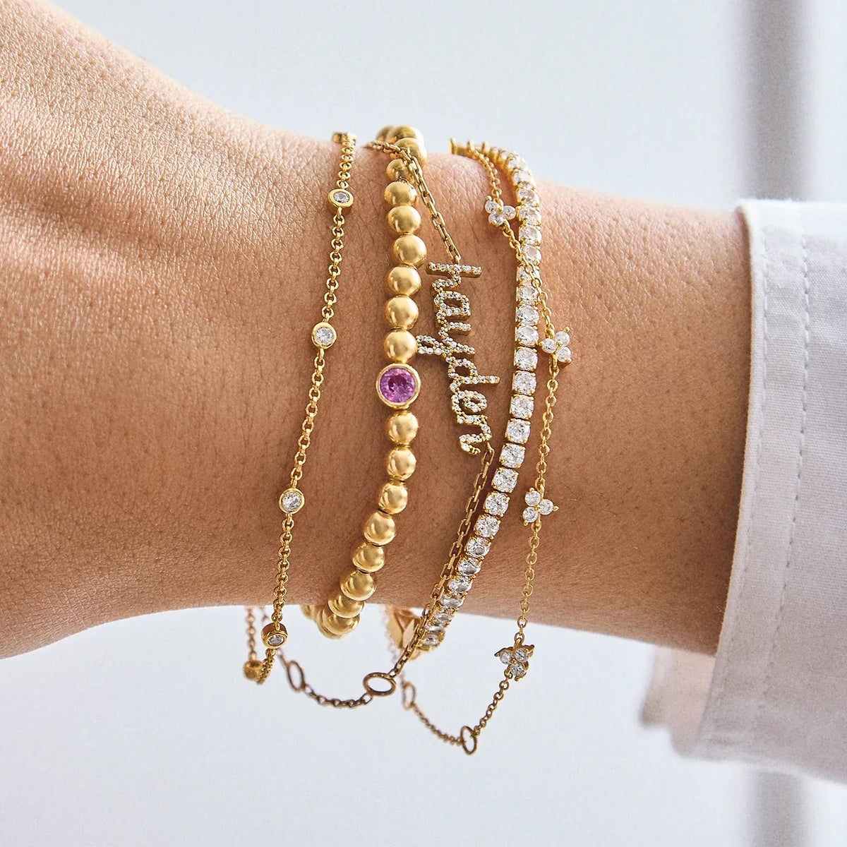 Lavisa - 18K Gold Birthstone Pisa Bracelet - Dainty Crystal Jewelry - Detail & Styling View