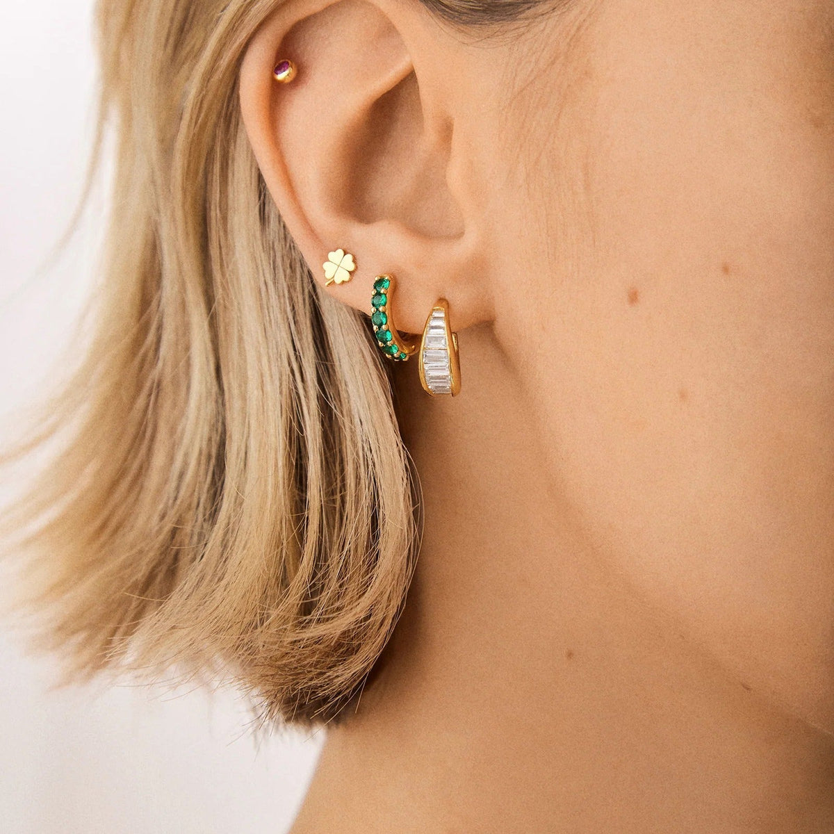 Lavisa - 18K Gold Birthstone Huggie Earrings Personalized Hoop - Detail & Styling View