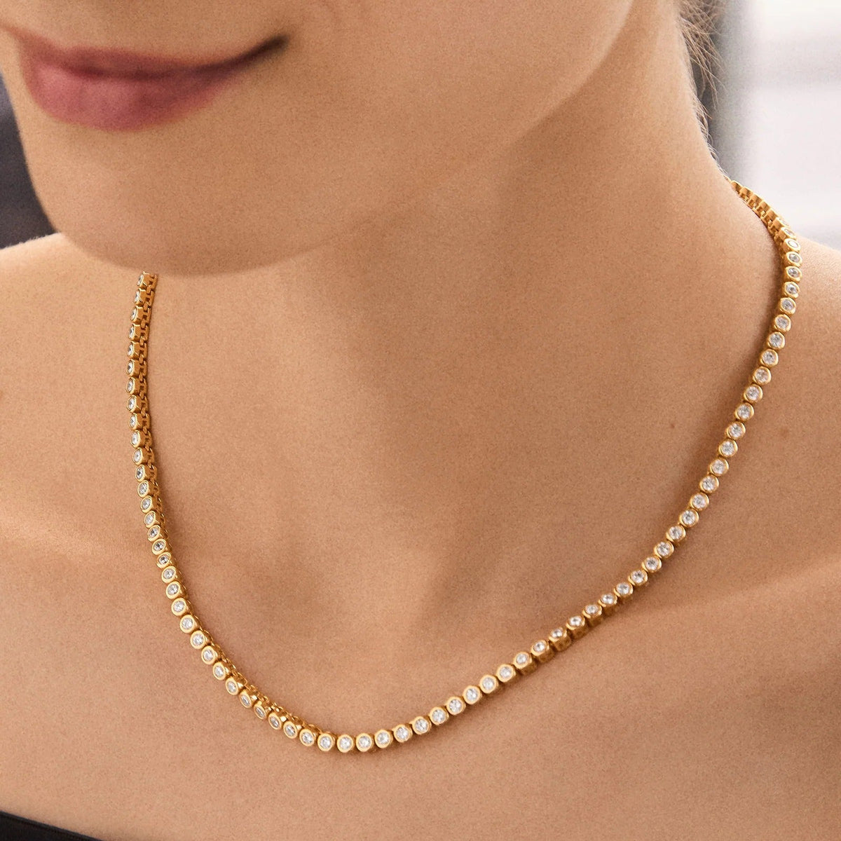 Lavisa - Bezel Set Cubic Zirconia Tennis Necklace - Detail & Styling View