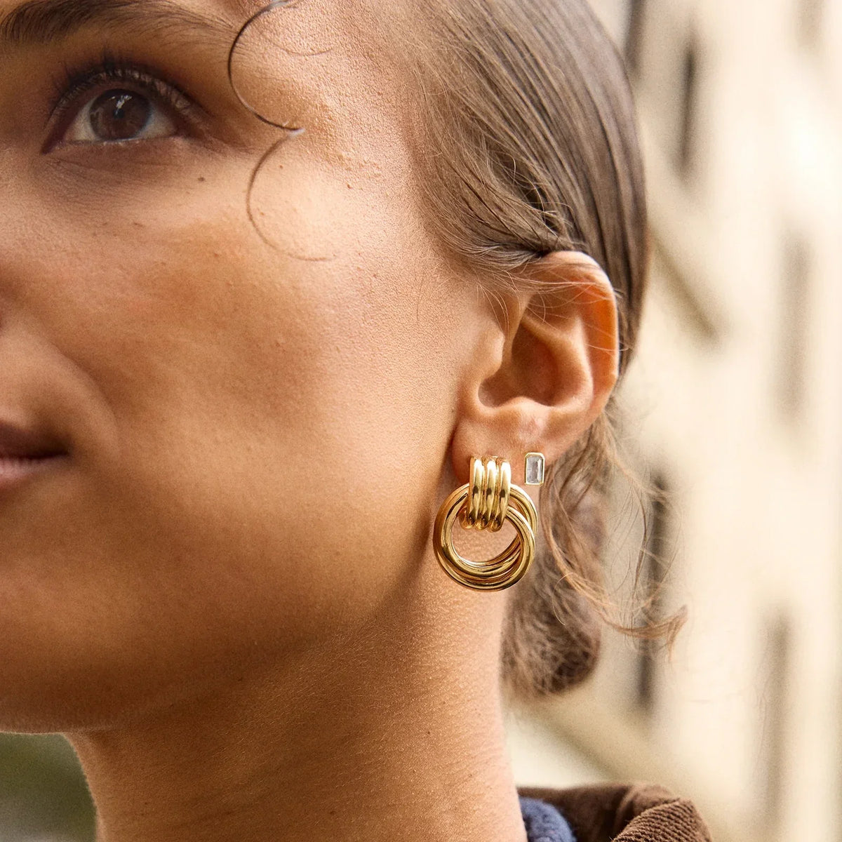 Lavisa - Shiloh Interlocking Gold Hoop Earrings - Detail & Styling View