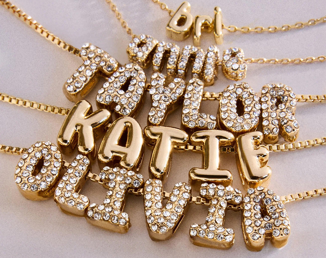 Lavisa - Personalized Bubble Letter Custom Necklace - Box Chain Jewelry - On-Model & Scale View