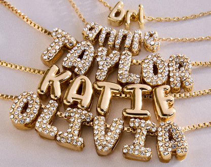Lavisa - Personalized Bubble Letter Custom Necklace - Box Chain Jewelry - On-Model & Scale View
