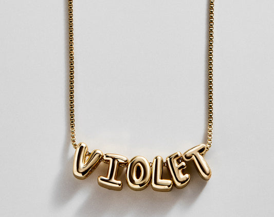 Lavisa personalized bubble letter custom necklace on box chain