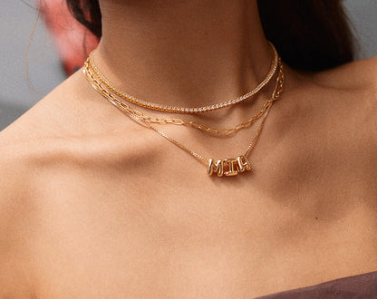 Lavisa - Personalized Bubble Letter Custom Necklace - Box Chain Jewelry - Detail & Styling View