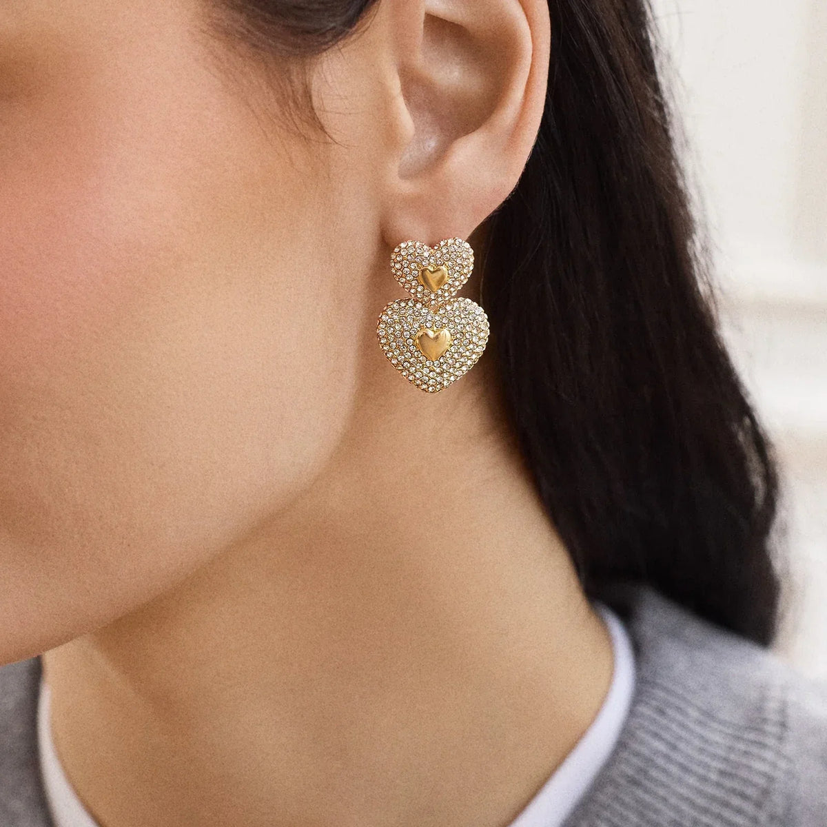 Lavisa - Haven Heart Drop Earrings - Sparkling Pavé Statement Jewelry - Detail & Styling View