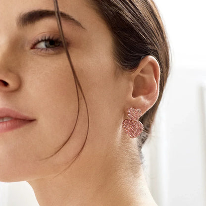 Lavisa - Harley Pavé Heart Earrings - Double Pink Statement Jewelry - Detail & Styling View