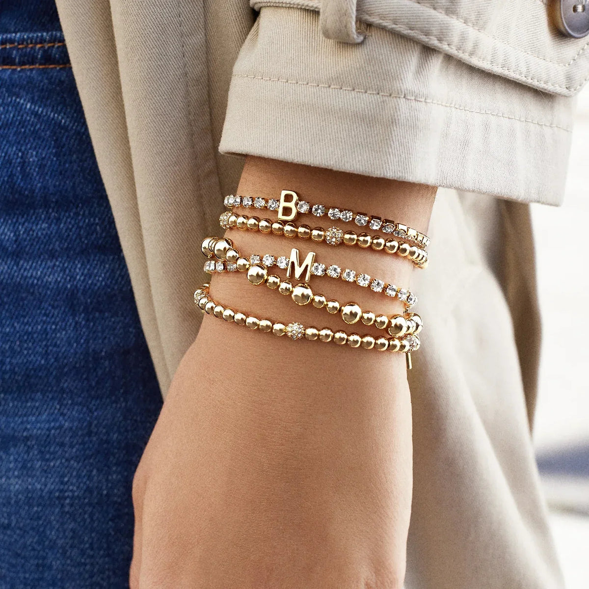 Lavisa - Gold Beaded Pavé Sphere Stretch Bracelet - Detail & Styling View