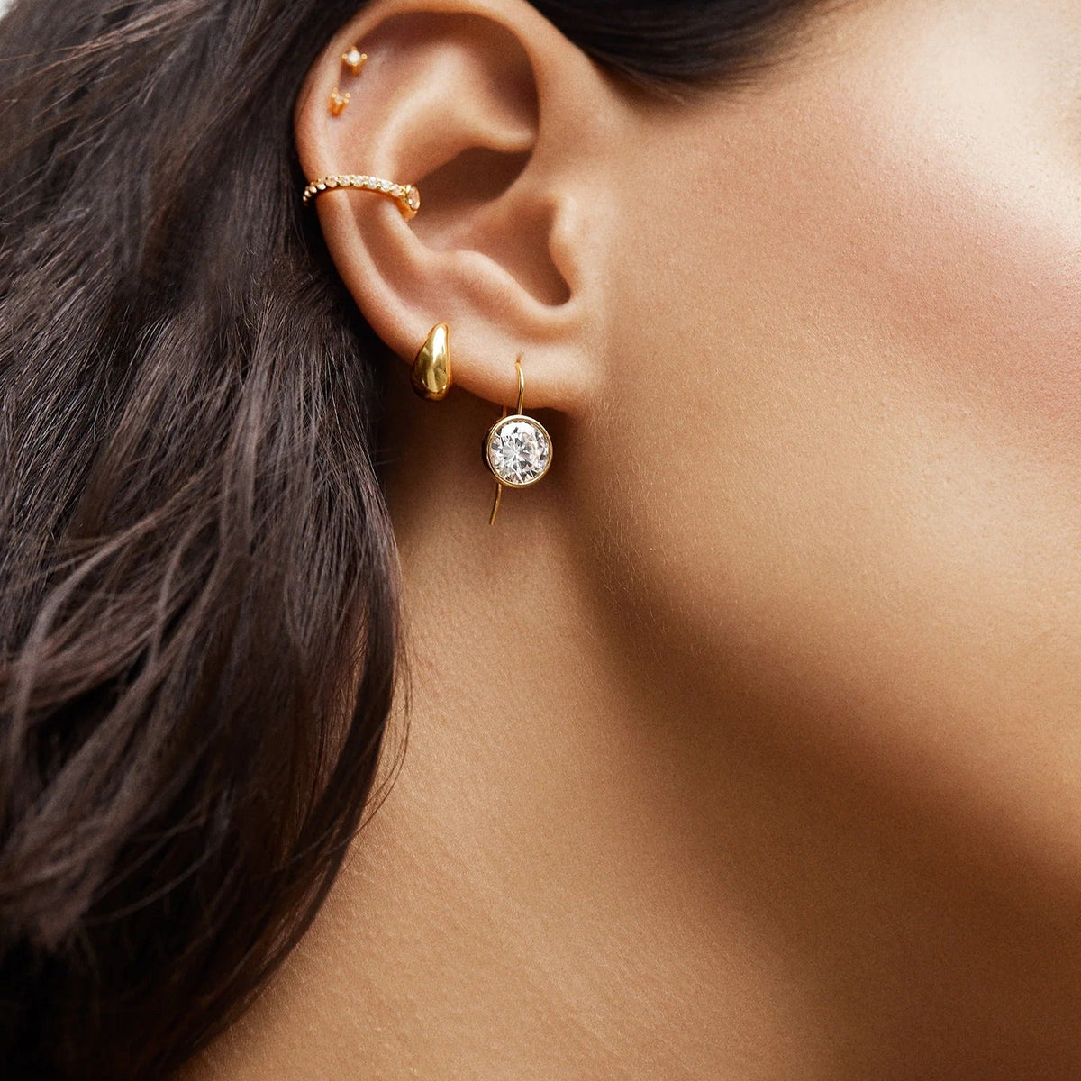 Lavisa - 18K Gold Pave Ear Cuff Minimalist Non Piercing Jewelry - Detail & Styling View