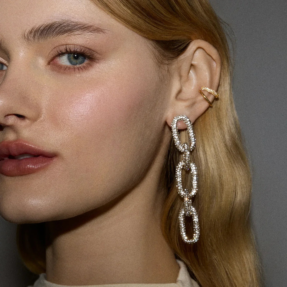 Lavisa - Statement Link Chain Pavé Earrings - Detail & Styling View