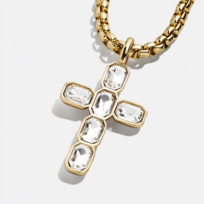 Lavisa - Bezel Crystal Cross Statement Necklace - On-Model & Scale View