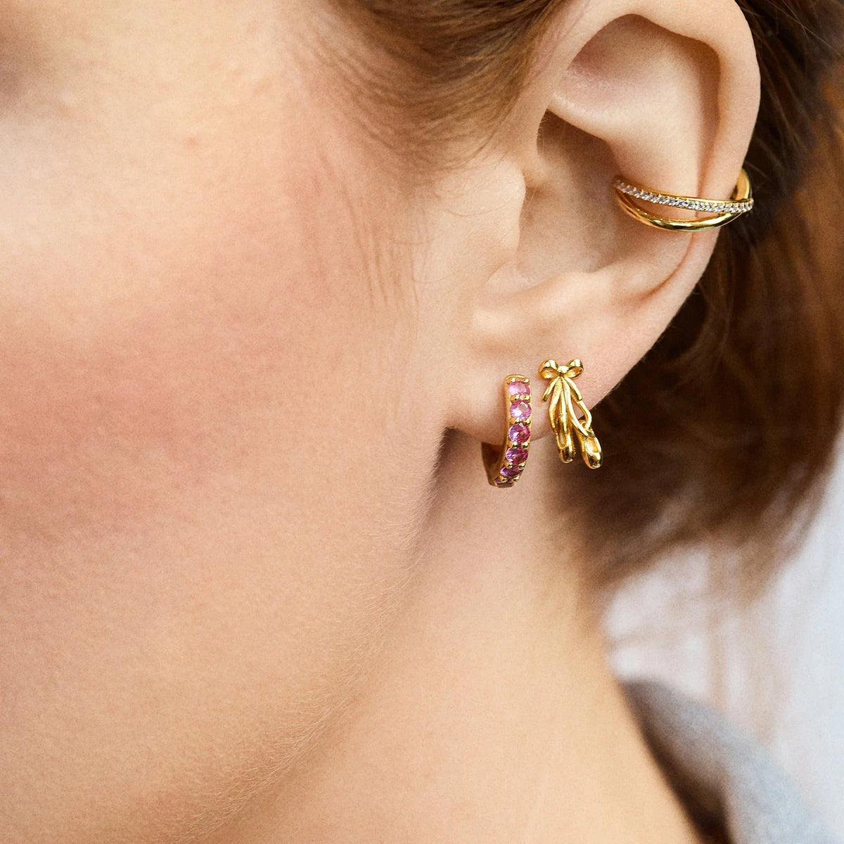 Lavisa - 14K Gold Ballet Shoe Delicate Stud Earrings - Detail & Styling View