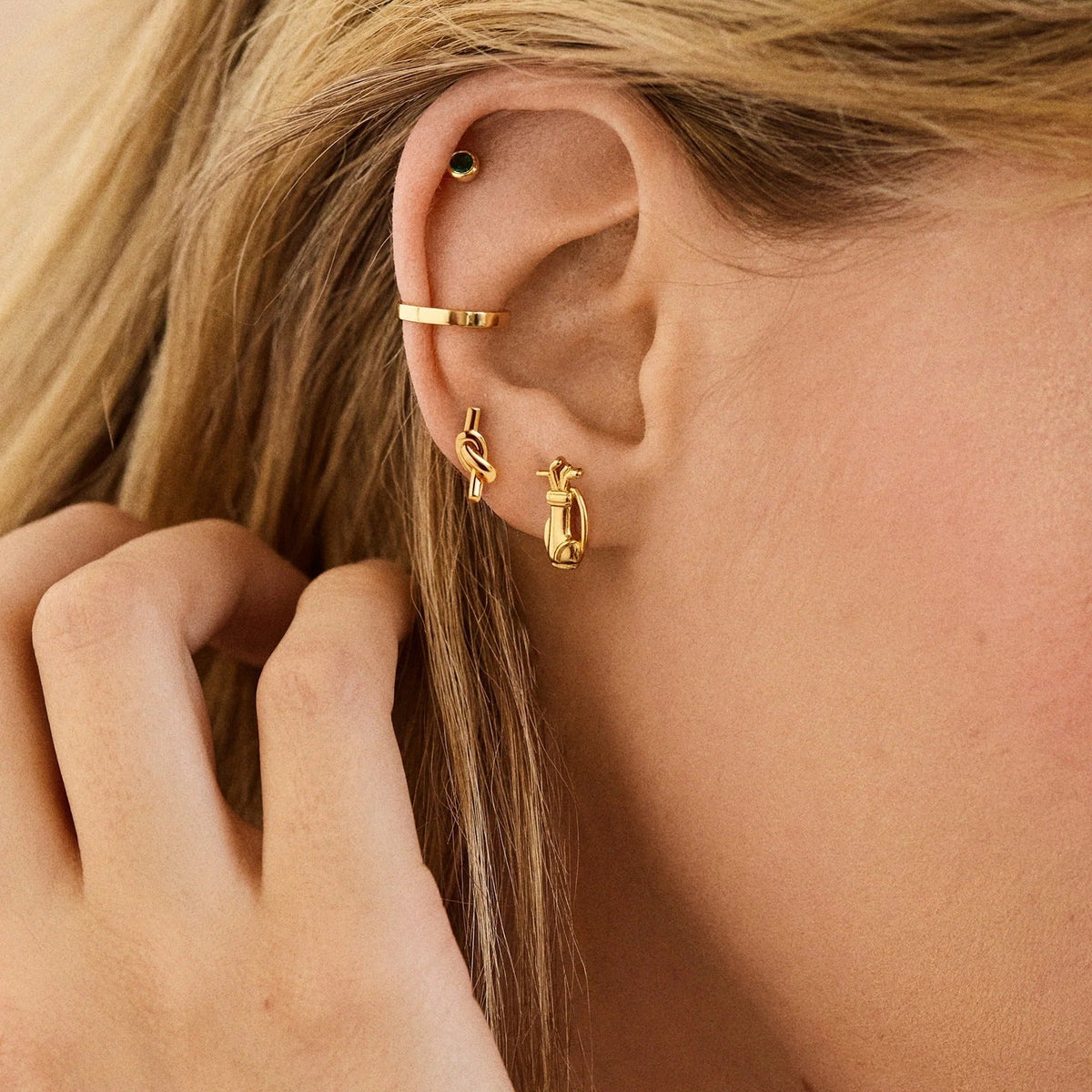 Lavisa - 18K Gold Golf Sports Delicate Stud Earrings Hobby Jewelry - Detail & Styling View