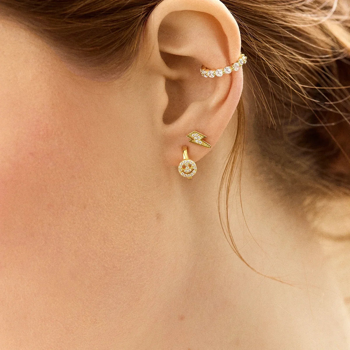 Lavisa - Pavé Smiley Face Gold Hoop Earrings - Detail & Styling View