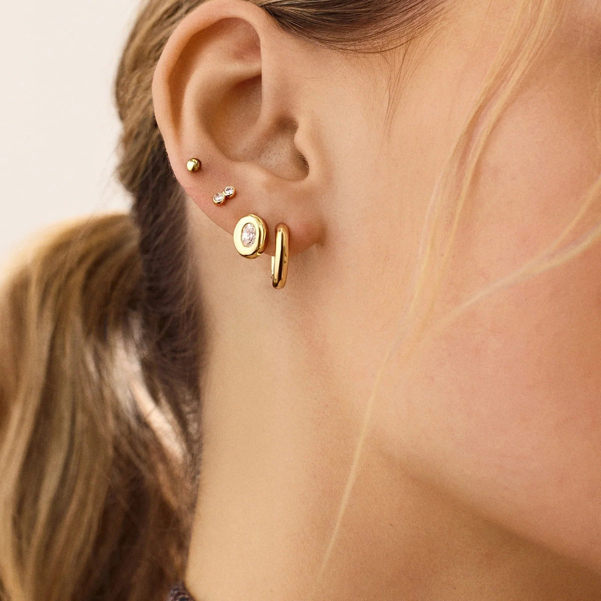 Lavisa - 18K Gold Bezel Stud Earrings - Detail & Styling View