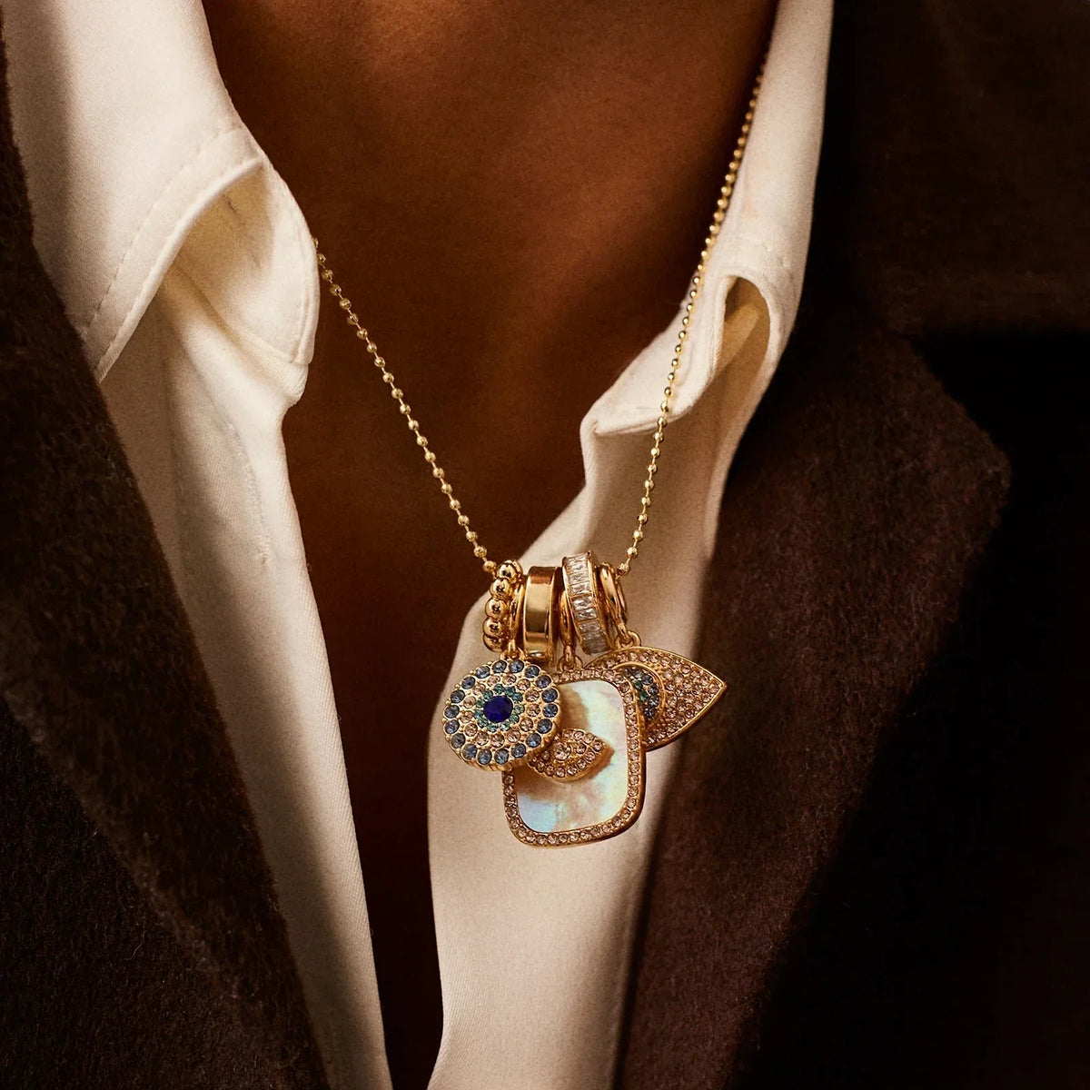Lavisa - Turquoise Evil Eye Charm Ball Chain Necklace - Detail & Styling View