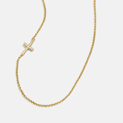 Lavisa - Asymmetrical Cubic Zirconia Cross Necklace In 18K Gold - On-Model & Scale View