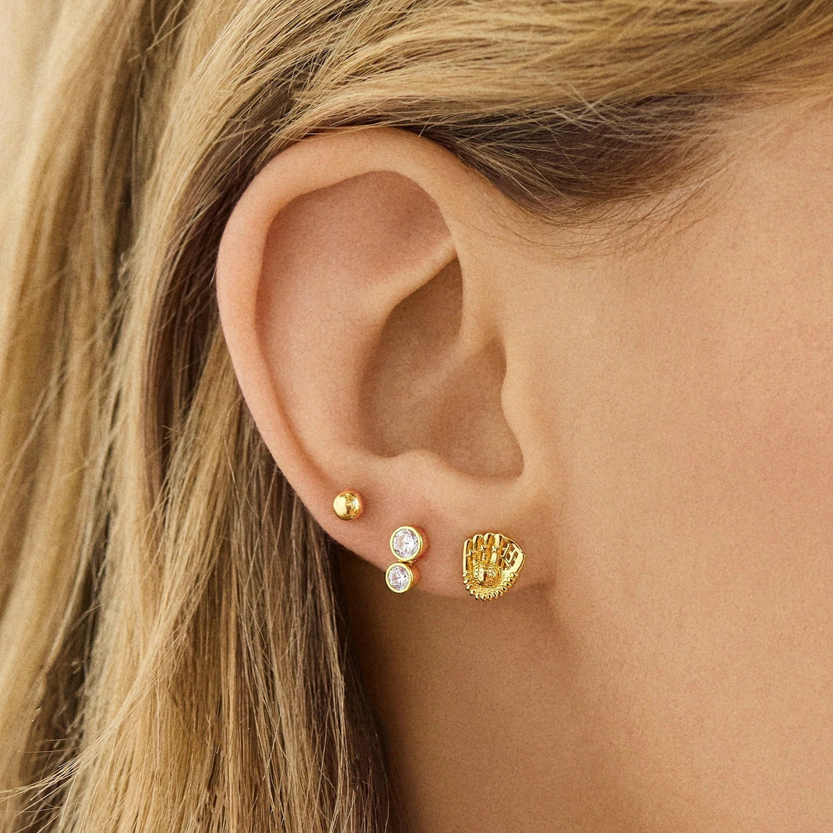 Lavisa - 18K Gold Baseball Sports Delicate Stud Earrings Hobby Jewelry - Detail & Styling View